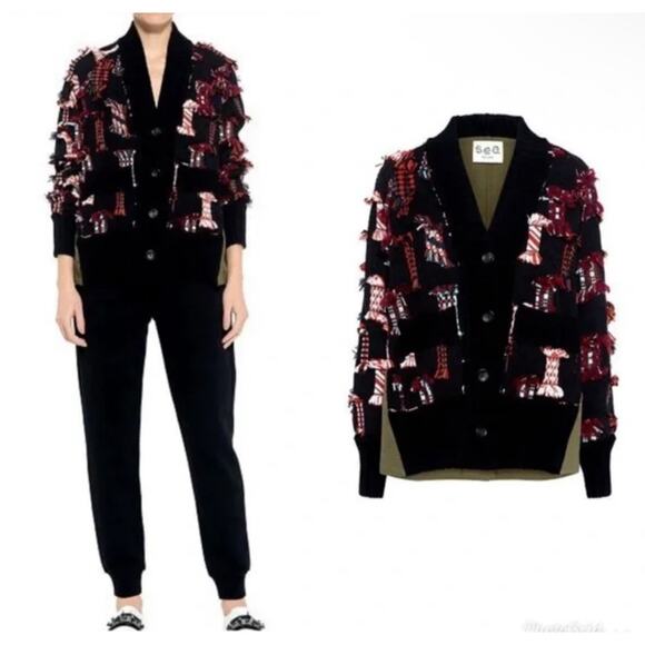 Sea New York Wool Blend Textured Fringe Patch Cardigan Multiicolor Size  Medium - Picture 1 of 13